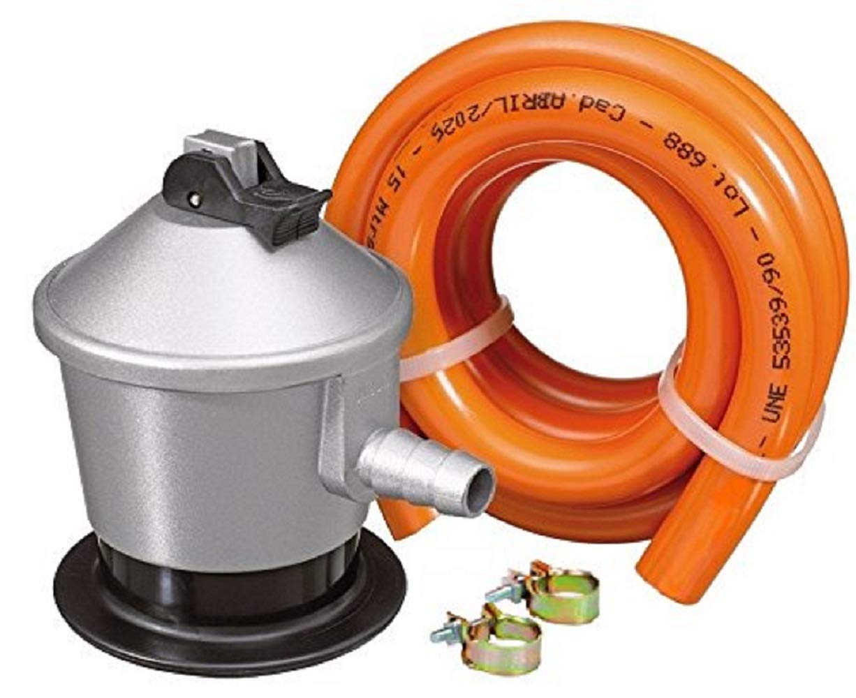 S&M 323300 Set Butan/Propan-Gasregler mit Sicherheitsventil + Gummischlauch 1,5 m + 2 Schellen, Grau/Orange, Estándar