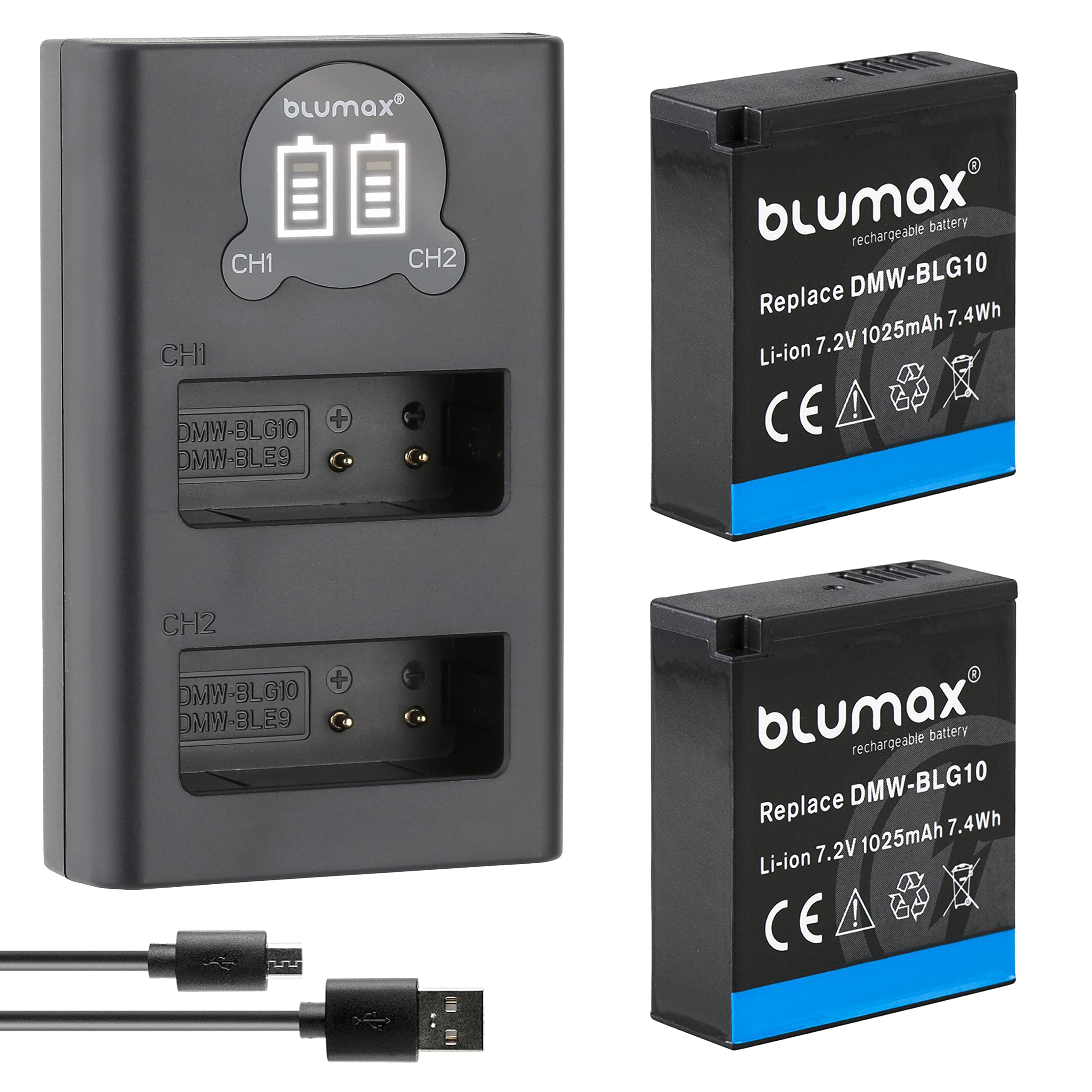 2X Blumax DMW BLG10e Akku 1025mAh + Slim Dual LCD-Ladegerät - kompatibel mit Panasonic Lumix DC-TZ95D DC-GX9 TZ202 TZ91 DMC TZ101 TZ81 GF6 GX7 GX80 LX100 G110