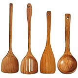 Holzspatel, Pfannenwender, Schöpflöffel mit langem Griff, handgefertigt für Küche Kochgeschirr (4 Sets)