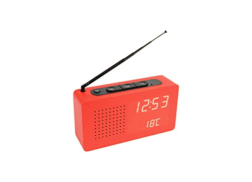 FISURA - Roter Radiowecker. Tragbares Tischradio. Digitaler Wecker mit Radio 17,7 x 4,5 x 9 Zentimeter. Material: Holz.