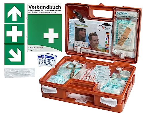 Erste-Hilfe-Koffer BG -Paket 1- für Gewerbe DIN/EN 13157:2021 - Kleiner Betriebsverbandkasten von WM-Teamsport - incl. Verbandbuch & 3 Aufkleber 1.Hilfe