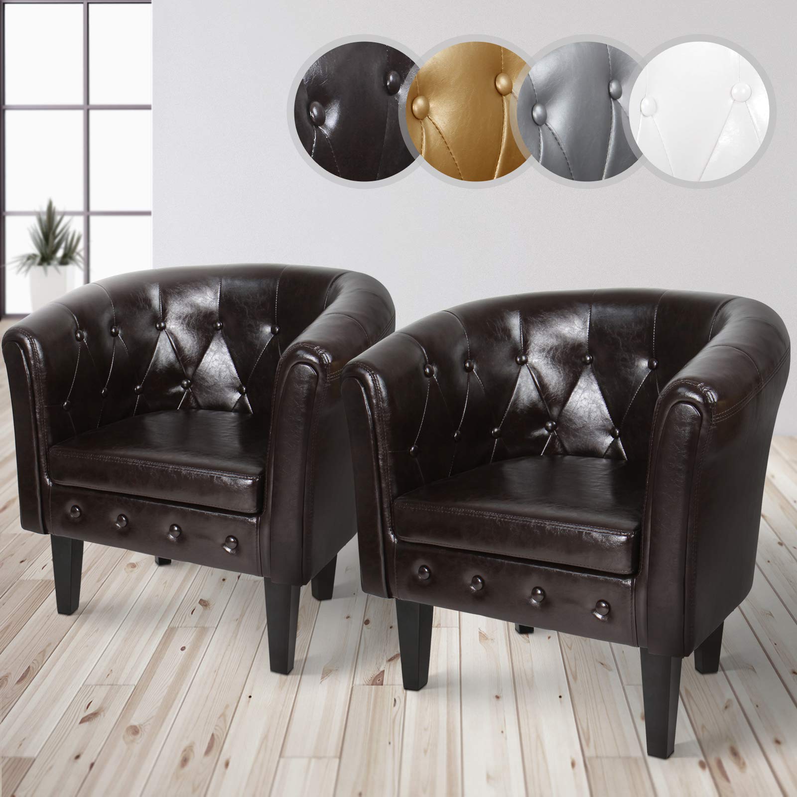 MIADOMODO® Chesterfield Sessel - aus Holz und Kunstleder, mit Kupfernieten und Rautenmuster, Farbwahl, 1er oder 2er - Loungesessel, Clubsessel, Armsessel, Cocktailsessel, Wohnzimmer Möbel (Braun, 2er)