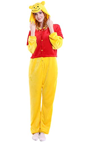 Dolamen Erwachsene Unisex Jumpsuits, Kostüm Tier Onesie Nachthemd Schlafanzug Kapuzenpullover Nachtwäsche Cosplay Kigurum Fastnachtskostuem Xmas Halloween (X-Large (68,8"-72,8"), Winnie)