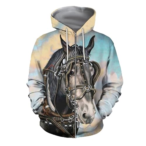 keephen Herren Reißverschluss Hoodie Tier Pferd 3D gedruckt Langarm Kapuzen-Sweatshirt Lässiger Pullover
