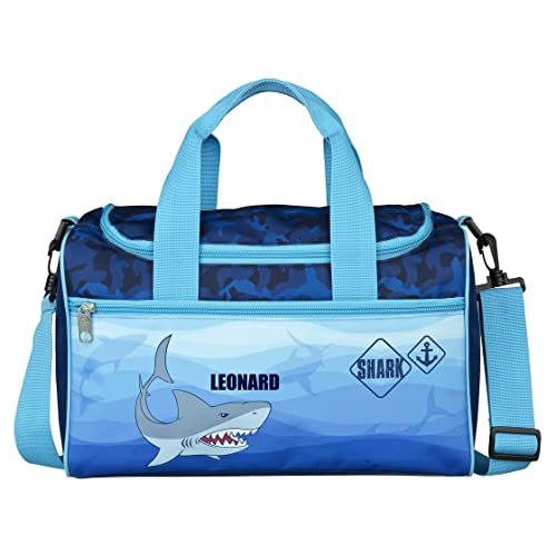 Kleine Sporttasche mit Namen Bedruckt | Für Kinder inklusive Namensdruck | Motiv Hai Shark in blau grau | Personalisierte Reisetasche Umhängetasche für Jungen