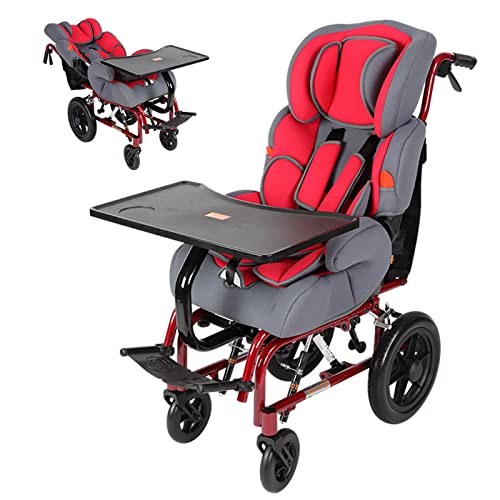 Kinderrollstuhl, Ultraleicht Rollstuhl Faltbar Leicht Reiserollstuhl mit Bremse, Rollstühle mit Verstellbarer Sicherheitssitz und Abnehmbarer Rollstuhl Tisch, Rot