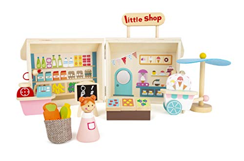 Small Foot 11393 Einkaufsladen im Koffer aus Holz, im praktischen Holzkoffer, ideal für Reisen Spielzeug, Mehrfarbig