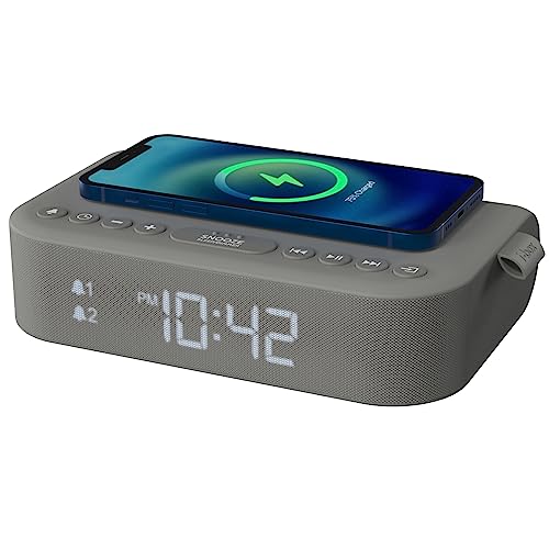 i-box Wecker mit drahtloser Aufladung, Nachttisch-Radiowecker Stereo-Bluetooth-Lautsprecher, drahtlose QI-Aufladung mit USB-Ladeanschluss, Doppelalarm, FM-Radio