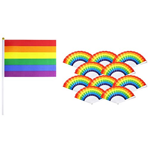 Beelooom 50 Stück Regenbogen-Mini-Stick-Flaggen und 10 Stück Kunststoff-Regenbogen-Faltfächer Handventilator Bühnenleistung