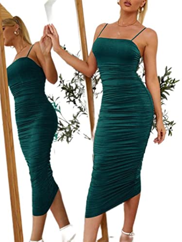 WSZJLN Gerafftes Madi-Kleid mit Spaghetti-Trägern, ärmellos, rückenfrei, Reißverschluss, figurbetont, lange Kleider, Vestidos-Grün, XL