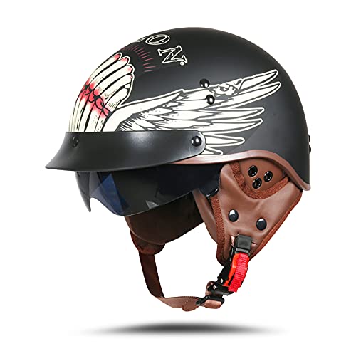 BOSERMEM Motorradhelm Mit Schutzbrille DOT/ECE-Zugelassen, Jethelm Roller-Helm Scooter-Helm Moped Mofa-Helm Chopper Vintage(Mattschwarzes Shura, M 57-58cm)