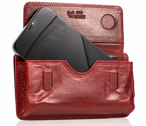 MATADOR Echt Leder Universal Handy-Tasche Holster Gürteltasche Magnetverschluss Quer für Handys bis 6,9 Zoll inkl. Geschenk-Box (Rot)