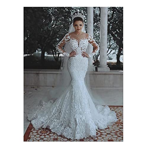 CUTTE Elegant Hochzeitskleid Brautkleid Sexy Tiefer V-Ausschnitt Spitze Meerjungfrau Brautkleider Brautjungfernkleid mit Ärmeln Brautkleid Maxi Abendkleider,White,L