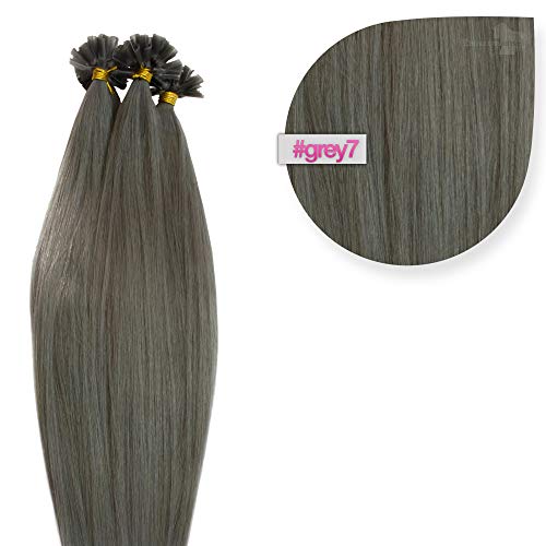 Graue Keratin Bonding Extensions aus 100% Remy Echthaar/Human Hair 25 0,5g 50cm Glatte Strähnen - U-Tip als Haarverlängerung und Haarverdichtung - Farbe: #007 Dunkelgrau