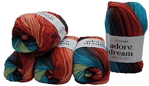 5 x 100 Gramm YarnArt Adore dream antipilling Strickgarn, Wolle mehrfarbig, 500 Gramm Farbverlauf Strickwolle (türkis mint terrakotta u.a. 1061)