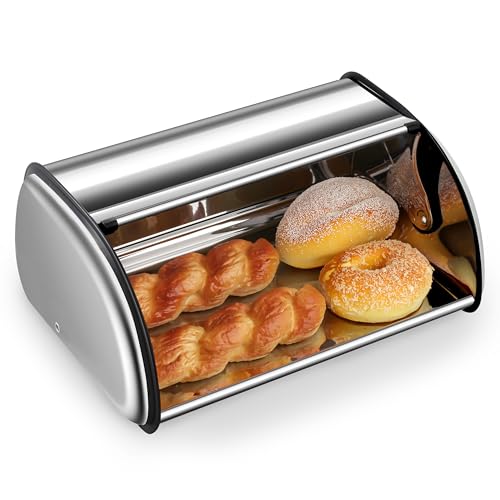 Ribelli Brotkasten aus lebensmittelgeprüftem Edelstahl, Brotbox mit Rolldeckel, ca. 43,5 x 27,5 x 18,5 cm, Aufbewahrungsbox für Brot, Brötchen, Kekse