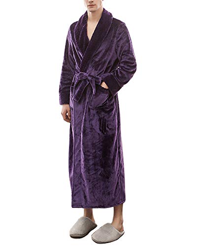 DAIHAN Bademantel Damen Und Herren Morgenmantel Nachthemd Nachtwäsche Nightwear Bademantel Kimono Saunamantel mit V-Ausschnitt,Lila-Männer,L-XL