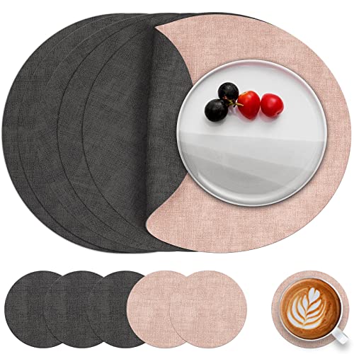 Myir JUN Tischsets Abwaschbar Leder und Untersetzer, Doppelseitigen Platzset Rund Ø 36cm 6er Set rutschfest Glasuntersetzer Platzdeckchen Leder Kunstleder Tischset (Grau Pink, 6er Set)