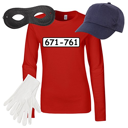 Damen Langarm T-Shirt Set Panzerknacker Kostüm Karneval Fasching Verkleidung Outfit SET05 LA-Shirt/Cap/Maske/Handschuhe 2XL (XXL)