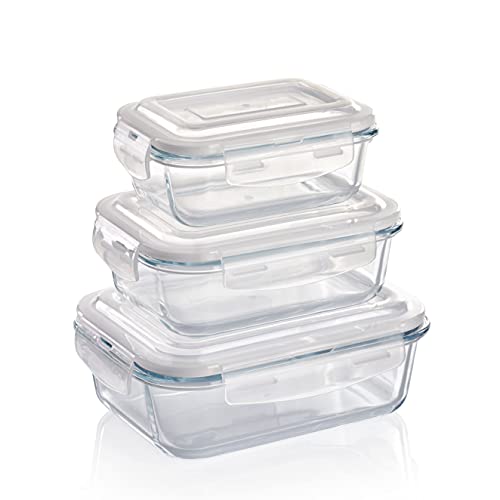 Grizzly Glas Frischhaltedosen, 3er Set, 370 ml, 640 ml, 1040 ml, luftdicht, quadratisch, Click-Verschluss, Vorratsdosen hitze- und kältebeständig