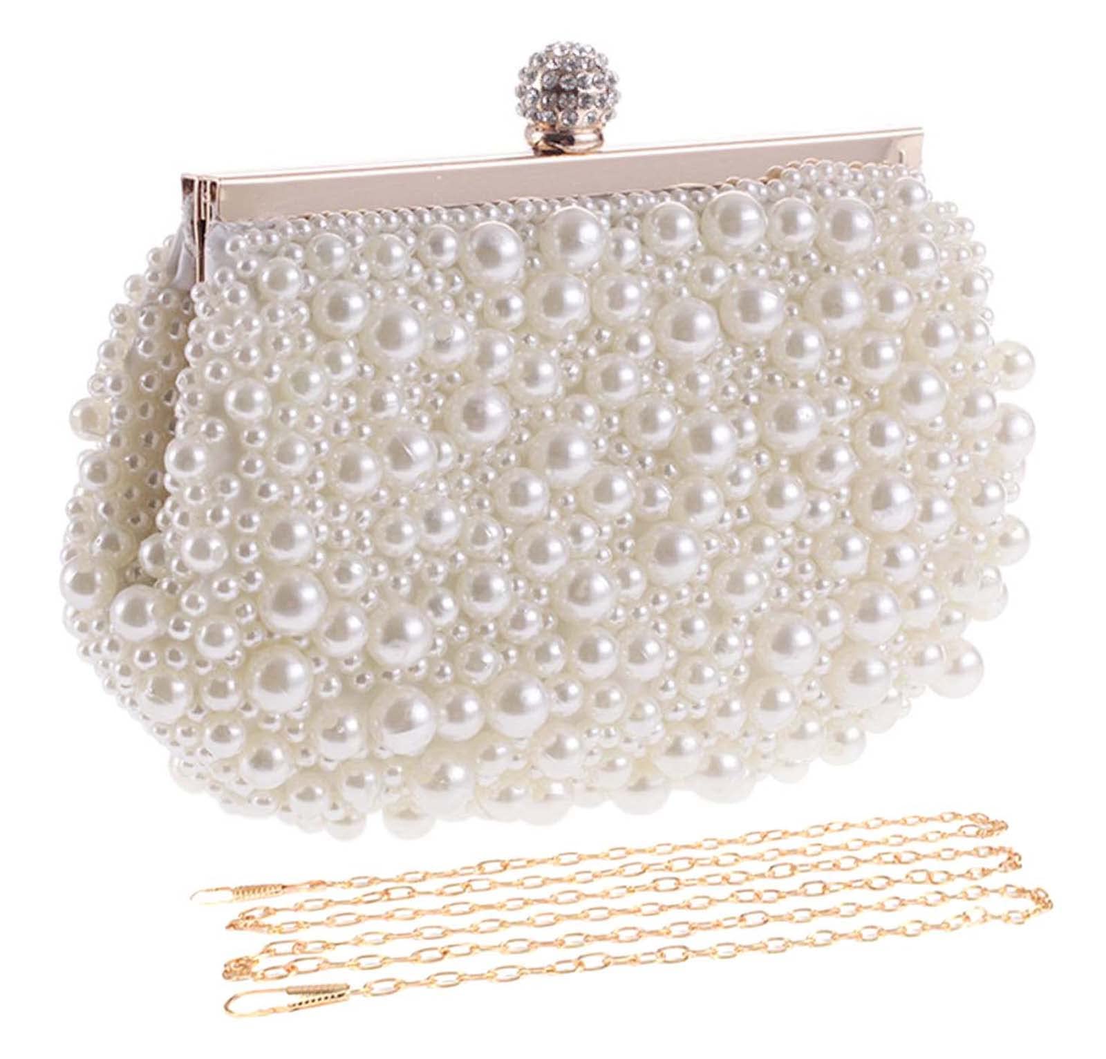 BAIGIO Clutch Damen Perlen Abendtasche Ivory Damen Elegant Brauttasche Handtasche für Hochzeit Afterparty Disco (Weiß)