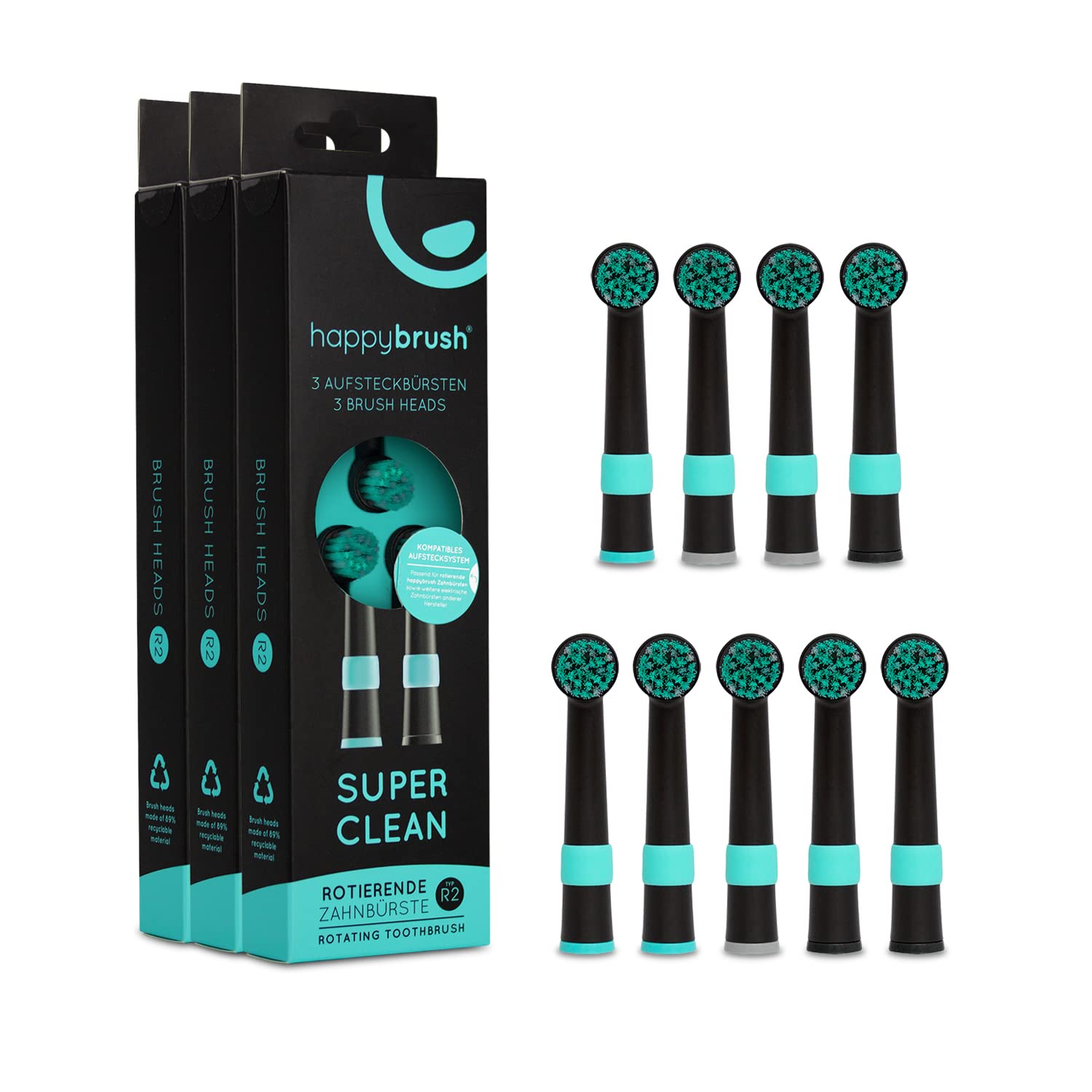 happybrush® Aufsteckbürsten für elektrische rotierende Zahnbürsten - Kompatibel mit R2, sowie Modellen anderer Hersteller - Schwarz - 3x3 Stück