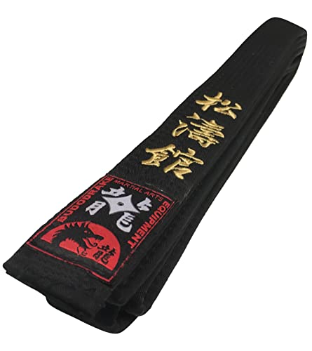 budodrake Schwarzer Gürtel bestickt Shotokan Schriftzeichen, Schwarzgurt mit goldener Bestickung (300 cm)