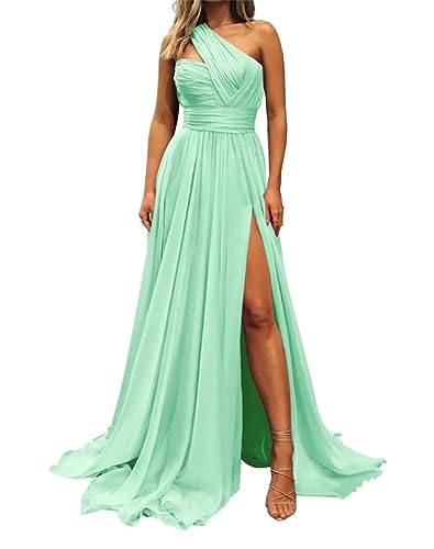 WSEYU Chiffon Brautjungfernkleider mit einer Schulter Sweep Zug A-Linie formelle Abendkleider, mintgrün, 38