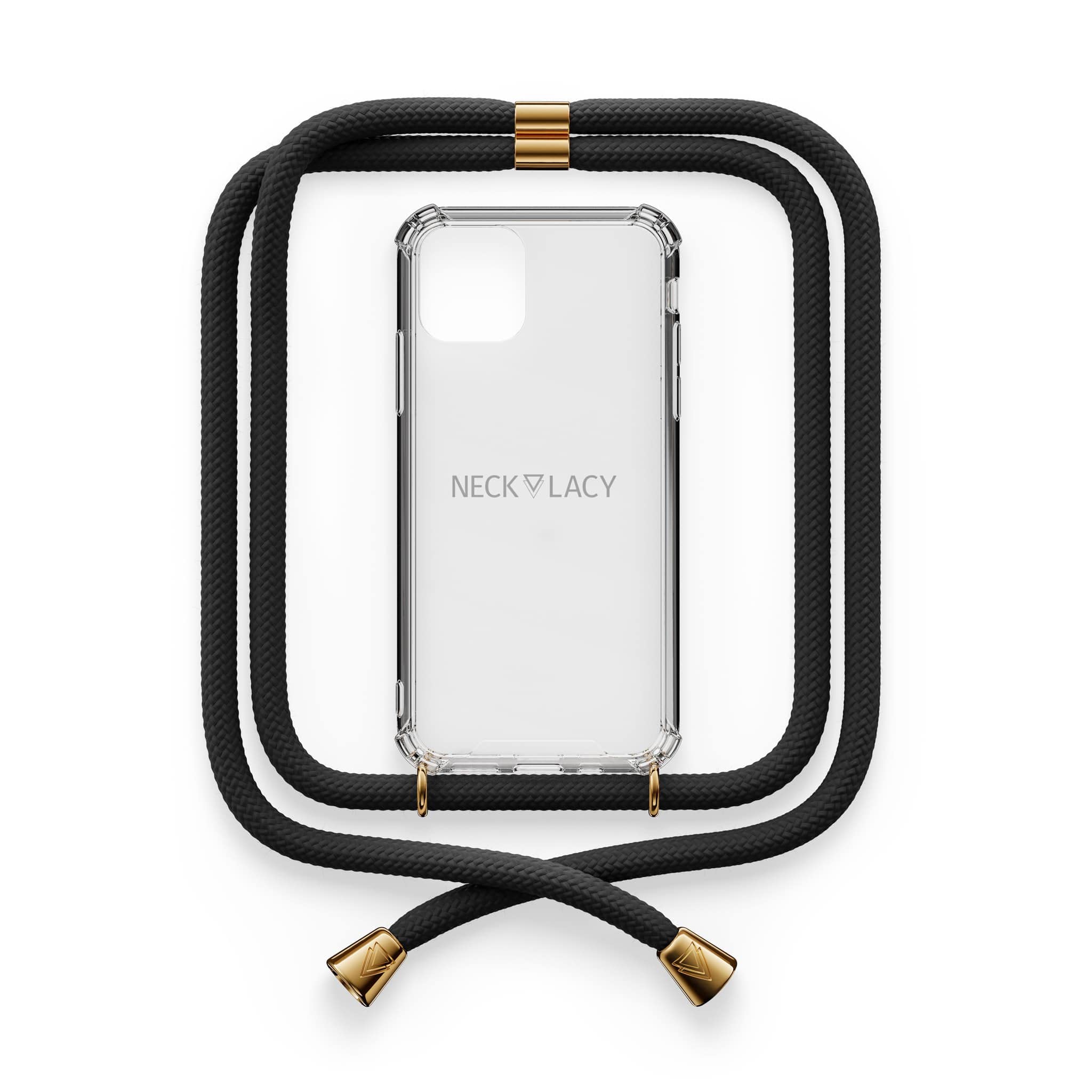 NECKLACY® - Die Premium Handykette für Apple iPhone 13 Mini in Elegant Black | transparente Handyhülle mit hochwertiger Kordel zum Umhängen - Smartphone Crossbody Case