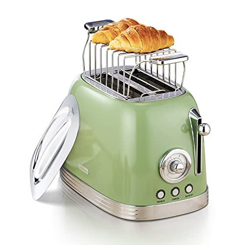 Wiltal Toaster 2 Scheiben, Toaster Retro, Toaster mit Brötchenaufsatz, Toaster mit Deckel aus Edelstahl, Vorheiz-, Auftau- und Abbruchfunktion, Countdown-Timer-Anzeige, Schnell-Toaster(Grün)…