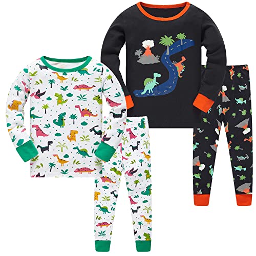 LOLPIP Jungen Schlafanzug 4-teiliges Set Langarm 100% Baumwolle Pyjama Kleinkind Kinder Nachtwäsche Dinosaurier 6-7 Jahre, 4P-dinosaurs4