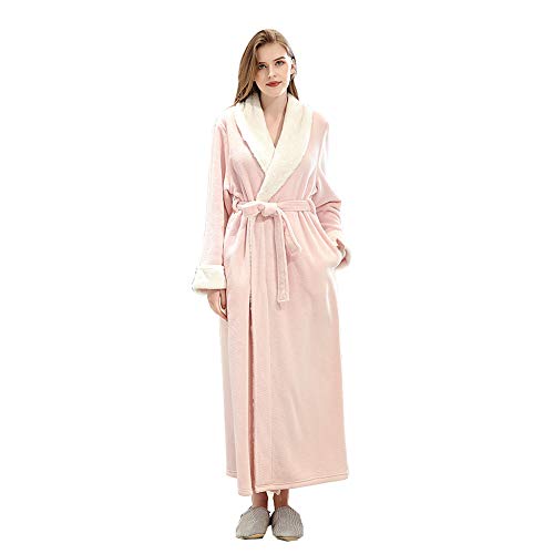 VKTY Flanell-Bademantel, Schalkragen, Fleece, für den Winter, leicht, warm, bequem, langer Kimono, für Erwachsene (Rosa/M)