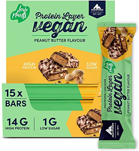 Multipower Vegan Protein Layer Erdnussbutter Bar Energieriegel mit 24% Protein – Fitnessriegel 15 x 55 g – veganer Proteinriegel – kalorienarmer Eiweißriegel mit Erdnussbutter Geschmack