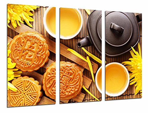 Wandbild - Cafeteria, Kochen, chinesischer Tee, Kekse, Teekanne Gelbe Blume, 97 x 62 cm, Holzdruck - XXL Format - Kunstdruck, ref.27018