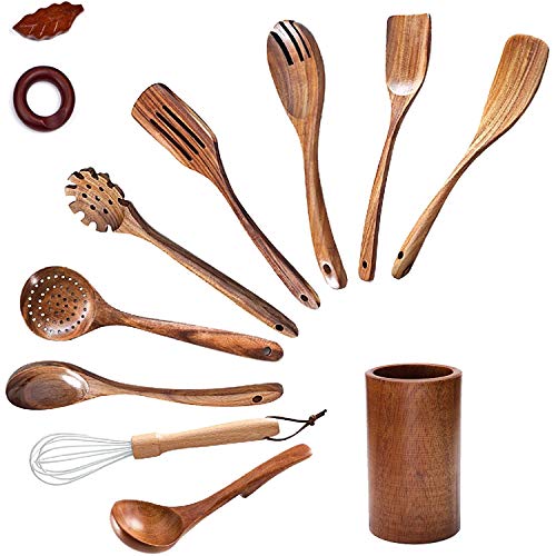 BEEOFICEPENG Holzlöffel zum Kochen, Kochutensilien-Set aus Holz mit Holzhalter, Antihaft-Pfanne, Küchenwerkzeug, Kochlöffel aus Holz