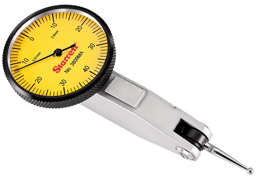 Starrett 3808 MA Zifferblatt Test Indikator mit Schwalbenschwanzverbindung und 2 Aufsätze, 32 mm Zifferblatt Gelb, 0.2 mm Range, 0.002 mm Teilung