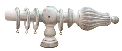 Anpassende Vorhangstange aus italienische Holz - Durchmesser 35 mm, Manuell Bewegung, mit Ringen, Modelle und Überlaufformen Antik - Farbe: Weiß/Silber - 160 CM