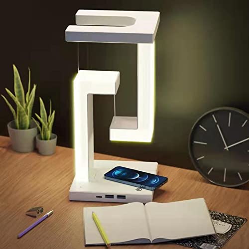 banapoy Magnetische Schwebende Lampe, Einzigartiges Modernes Schwebendes Lampen-LED-Nachtlicht mit Kabellosem Telefon-Ladegerät, 3 Beleuchtungseinstellungen Schreibtisch-Tischlampe Home