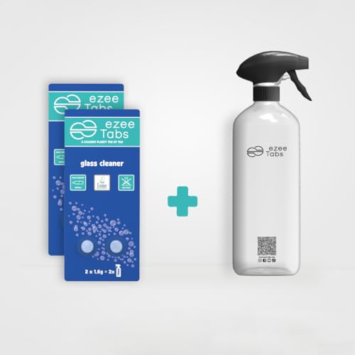 EzeeTabs Glasreiniger Bundle – Reinigungstabs für ein mikroplastikfreies, biologisch abbaubares und veganes Putzmittel – 4 x Reiniger für streifenfreien Glanz und 1 x wiederverwendbare Flasche