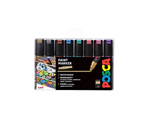 POSCA 153544856 PC-8K "Metallic Paint in a Pen"-Set, 8 mm breite Keilspitze aus Acryl, wasserbasierte Filzstifte, 8 Farben