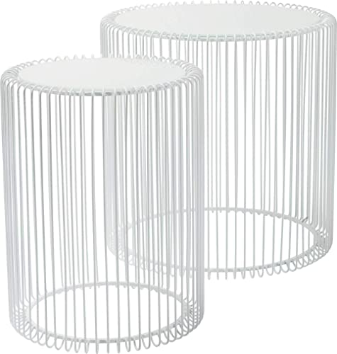 KARE Design Beistelltisch Wire White 2er Set, runder, moderner Glastisch, kleiner Couchtisch, Kaffeetisch, Nachttisch, Weiß (H/B/T) 42,5xØ32,5cm & 45xØ44cm