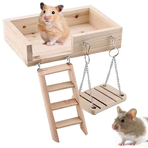 Holzplattform, Schaukel und Leiter Set für Maus, Chinchilla, Ratten, Rennmäuse und Zwerghamster, Kletterset für kleine Tiere (Burlywood)