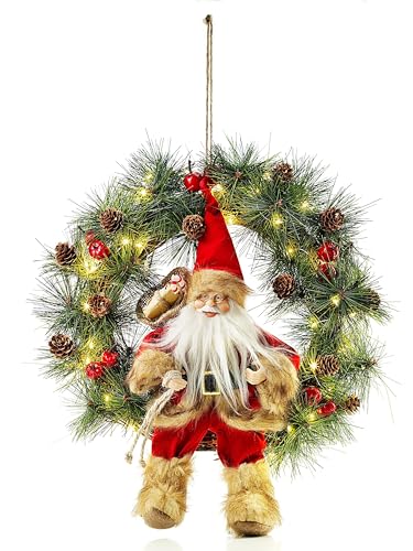 LED-Dekokranz Weihnachtsmann – Festlicher Weihnachts-Türkranz Outdoor mit Beleuchtung – Ø 30 cm – Beleuchteter Kranz mit Timer – Rot/Grün