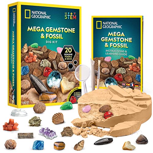NATIONAL GEOGRAPHIC Mega Fossil and Gemstone Dig Kits - Excavate 10 Real Fossils and 10 Real Gems, Great STEM Science Gift for Geology and Mineralogy Enthusiasts