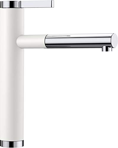 Blanco Linee-S, Küchenarmatur - Einhandmischer, exklusiver Wasserhahn mit ausziehbarer Brause, Silgranit-Look zweifarbig, Silgranitweiß / chrom, Hochdruck, 1 Stück, 518441
