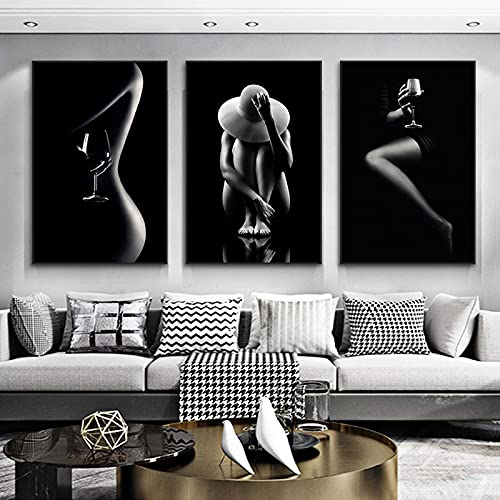 Schwarz Weißer Frauenkörper Wandkunst Leinwand Aktbilder Drucke Wandposter Modernes Schlafzimmer Wohnzimmer Dekor Gemälde 60x80cm(24x31in)x3 Rahmenlos