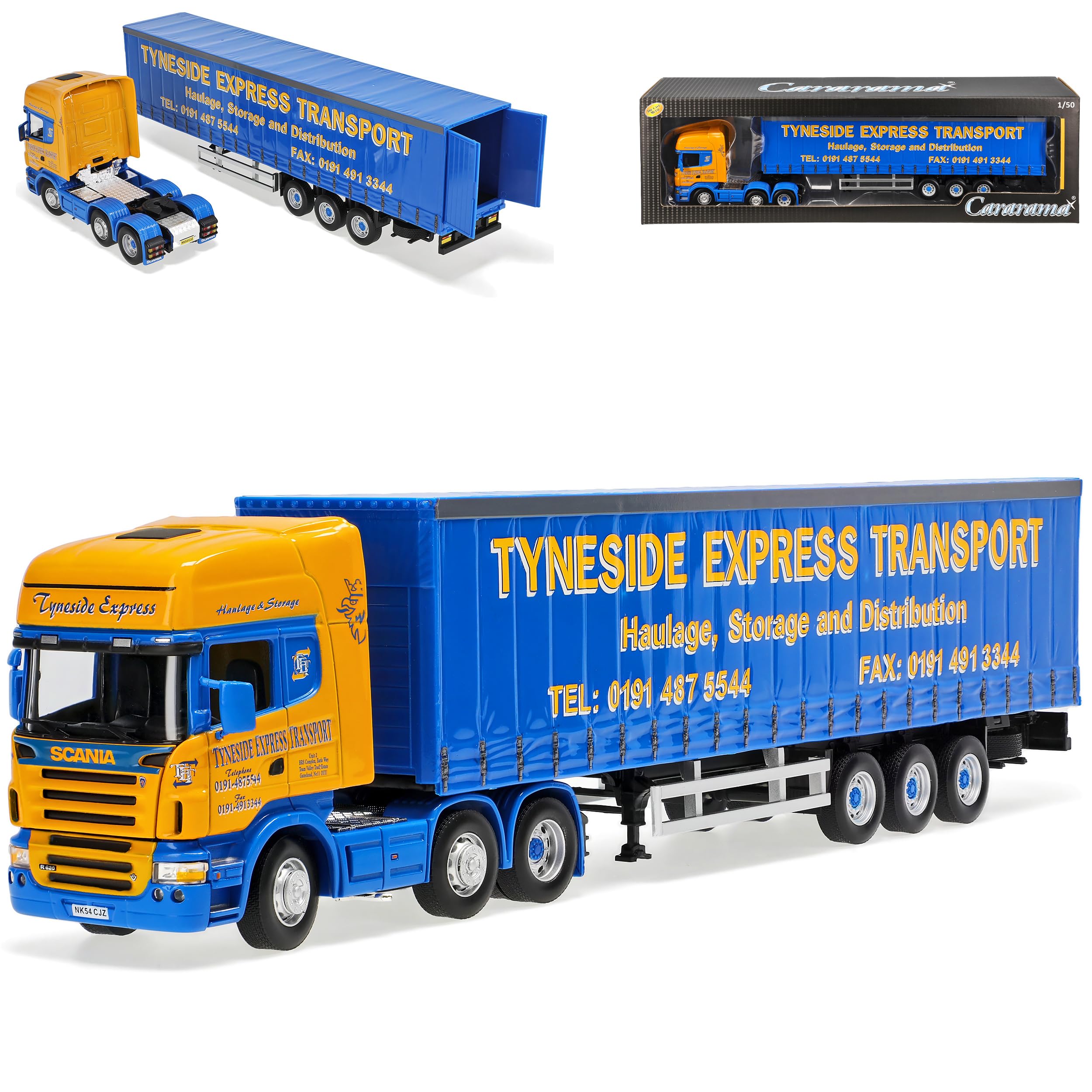 Cararama Scania R-Serie R620 Sattelzug Blau Gelb Tyneside Express LKW 1/50 Modell Auto mit individiuellem Wunschkennzeichen