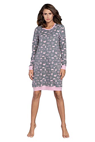 Damen Nachthemd Nachtwäsche Nachtkleid Aus Baumwolle Rundhals Lässige Schlafhemd Sleepshirt Schlafanzug Damen Sleepwear Mit Vordertasche (S, Grau Rosa)