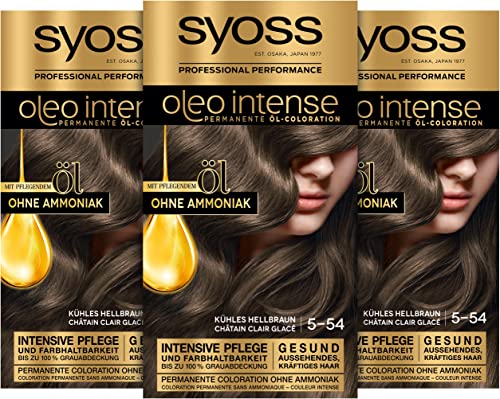 Syoss Oleo Intense Öl-Coloration 5-54 Kühles Hellbraun Stufe 3 (3 x 115 ml), dauerhafte Haarfarbe mit pflegendem Öl, Coloration ohne Ammoniak