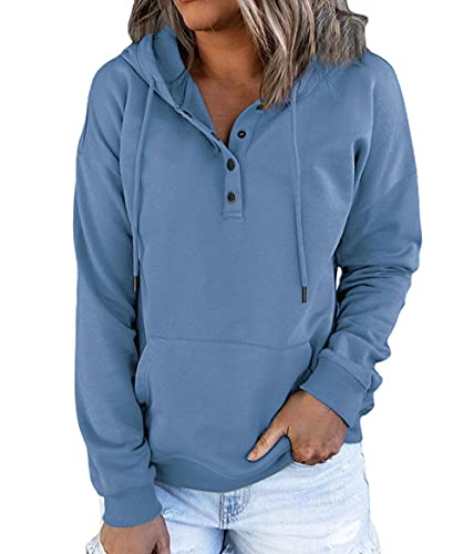 YUTILA Damen Kapuzenpullover Sweatjacke Langarm Basic Hoodie Sweatshirt Kapuzenjacke Kapuzenpulli Casual Sport Style,Blau,XL